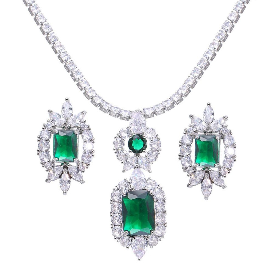 Monemel Kristal Yeşil Abiye  Kolye ve Kupe Set (Altın Kaplama)- Tüm Ürünler - Monemel